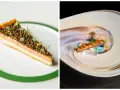 Pastel de salmón con caviar y oro, y un postre artístico con cristales de colores. Platos que evocan lo que significan las estrellas Michelin: excelencia culinaria.