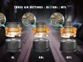 El RTA Requiem muestra tres ajustes de flujo de aire: DL, RDL y MTL, con diagramas que ilustran cada configuración.