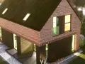 Nowoczesny dom z cegły, z dużymi oknami i dachem pokrytym dachówką. Wokół zadbany ogród z białym płotem. Idealne gunb darmowe projekty dla Twojego wymarzonego domu.
