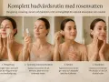 Kvinnor utför en hudvårdsrutin: rengöring, applicering av rosenvatten, serum och fuktkräm.