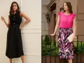 Deux femmes portent des jupes : une noire avec surpiqûres, l'autre colorée. Le patron jupe plis creux est visible sur le haut rose.