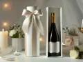 Eleganckie opakowanie na wino na ślub, z satynową wstążką i złotymi detalami. Idealne, by dowiedzieć się, jak zapakować wino na ślub.