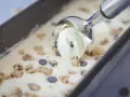 Mit einem Eisportionierer wird cremiges Cookie Dough Eis mit Schokostückchen aus einer Form gehoben. Perfekt, um Eis selber machen zu erleben!