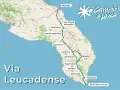 Mappa della Via Francigena del Sud, che attraversa la Puglia da Brindisi fino a De Finibus Terrae, toccando località come Lecce e Alessano.