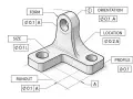 Rysunek techniczny z symbolami GD&T: FORM, SIZE, ORIENTATION, LOCATION, PROFILE, RUNOUT. Precyzyjne wymiary i tolerancje dla części.