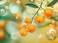 Baies d'argousier riches en oméga 7, entourées de bulles lumineuses, évoquant la pureté et la vitalité.