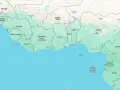Mapa Afryki Zachodniej. Widoczny jest kraj Benin, położony między Togo a Nigerią, nad Zatoką Gwinejską.