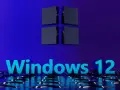 Trójwymiarowe logo Windows 12 na tle gradientowym.