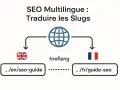 Schéma SEO multilingue : traduction des slugs pour WordPress. Un lien entre l'anglais (.../en/seo-guide) et le français (.../fr/guide-seo) via hreflang.