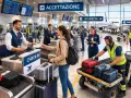 Personale sorridente al check-in, passeggeri con bagagli e addetti che lavorano in aeroporto.