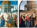 Deux scènes d'une oeuvre de la Renaissance italienne : remise des clés et mariage. Architecture classique, personnages en toges.