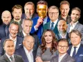 Portret zbiorowy znanych twarzy, wśród nich najbogatsi aktorzy w Polsce. Złota maska skrywa jedną z postaci.