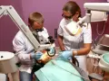 Dentysta i asystentka pracują przy pacjencie z użyciem mikroskopu stomatologicznego.