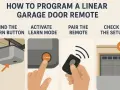 Illustration showing steps to program a garage door opener: finding the learn button, activating learn mode, pairing the remote, and checking the setup.