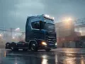 Ciemny Scania gotowy do prywatnych zleceń transportowych, stojący na mokrym placu w deszczu, wśród kontenerów.