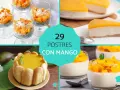 Collage de postres con mango: vasitos de chia, tarta, y postres individuales.