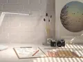 Lámpara LED moderna sobre un escritorio con bocetos de pájaros, cámara antigua y un póster inspirador. La luz es ideal para estudiar.