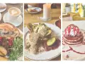 Leckeres vegan breakfast in Berlin: Croissant, Pancakes und ein süßer Kuchen mit Pflaumen.