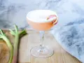 En rosa rabarber sour-cocktail med skum och en rabarberdekoration. Två rabarberstjälkar ligger bredvid.