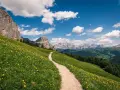Sentiero in fiore per un trekking di 5 giorni in Italia. Montagne maestose e cielo azzurro con nuvole bianche.