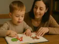 Chłopiec z mamą uczą się czytać. Na otwartej książce widać literę "A" i obrazek psa.