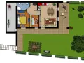 Planimetrie case: vista aerea di una casa con giardino, garage, camera da letto, bagno, cucina e soggiorno.