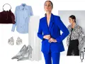 Elegancka stylizacja na bal ósmoklasisty: niebieski garnitur, białe spodnie, błękitna koszula z kokardą, srebrne szpilki i torebka.