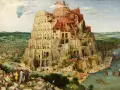 Monumentalna wieża Babel wznosi się ku niebu, otoczona miastem i morzem. Dzieło przedstawia biblijną opowieść o pychy i karze.