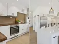 Cocina abierta con isla y barra, y cocina cerrada con electrodomésticos integrados y detalles en madera.
