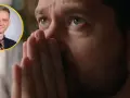 Mężczyzna z dłońmi na twarzy, w tle portret uśmiechniętego mężczyzny. Czyżby jego mózg podpowiadał mu trudne decyzje?