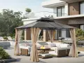 A modern gazebo with curtains creates a cozy outdoor living space. This image shows how to build a gazebo for entertaining, complete with a fire pit and lounge area.