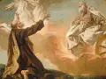 Elijah ascends in a fiery chariot pulled by horses, while Elisha watches from below.