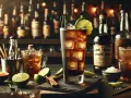 Mroczny i burzliwy wieczór w barze. Na pierwszym planie drink z lodem i limonką, obok butelki rumu i przyprawy.
