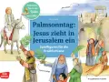 Illustration zum gesegneten Palmsonntag: Jesus zieht auf einem Esel in Jerusalem ein, Menschen jubeln mit Palmzweigen und breiten Kleider aus.