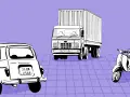 Un coche clásico, un camión de carga y una moto scooter sobre un fondo morado cuadriculado. Los portes llevan IVA.
