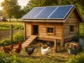 Kurnik z panelami fotowoltaika off grid. Kury spacerują po trawie. W tle pole i traktor.