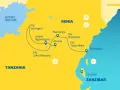 Mapa turystyczna Kenii i Tanzanii z zaznaczonymi parkami narodowymi, miastami i trasami podróży.