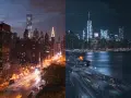 Dwa nocne widoki Nowego Jorku, po lewej z Chrysler Building, po prawej z One World Trade Center. Efekt denoise AI podkreśla blask świateł.