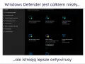 Interfejs Windows Defender pokazuje status ochrony: wirusów, sieci, konta i urządzenia. Wszystko działa poprawnie.