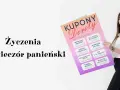 Wzruszające życzenia na wieczór panieński na plakatach z kuponami. Uśmiechnięta dziewczyna prezentuje kolorowe kupony.