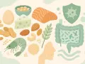 Illustration d'allergènes alimentaires courants (oeuf, fromage, poisson, noix, crevettes) et d'un visage avec des symptômes d'allergie. L'image suggère les allergie noisette symptômes.