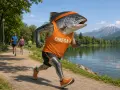 Un salmone con la scritta "Omega-3" corre su un sentiero, superando altri runner. Un esempio di come gli omega 6 e 3 supportano uno stile di vita attivo.