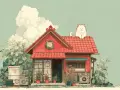 Uroczy biały kot siedzi na dachu czerwonego domu. Wokół bujna zieleń, a na niebie puszyste chmury. To idealne miejsce, by zgłębiać tajemnice 4 dom astrologia.