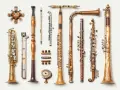 Kolekcja drewnianych instrumentów muzycznych, w tym klarnet, flet i saksofon, prezentuje różnorodne nazwy i formy.