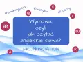 Grafika o wymowie angielskich słów. Pokazuje transkrypcję, fonetykę, akcenty i symbole samogłosek w angielskim.