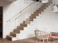 Modern trappa inomhus inspiration med trästeg, glasräcke och ljusa väggar. En stilren och luftig design.
