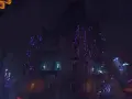 La imponente torre arcana BG3 se alza en la penumbra, rodeada de extraños hongos luminiscentes y tuberías que brillan con energía púrpura.
