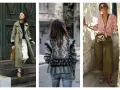 Trois femmes portent des tenues stylées. L'une arbore une tenue avec veste kaki, pantalon blanc et trench. Une autre porte une veste kaki ornée de motifs ethniques. La troisième est en pantalon kaki et chemise rayée.