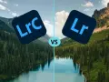 Comparaison visuelle entre Lightroom Classic (LRC) et Lightroom (LR) sur un paysage de montagne et de lac.