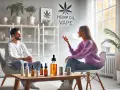 Pareja conversando sobre vap que es, con aceites de cáñamo y un vapeador en la mesa.